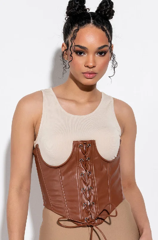 women's tops for beach outingsONE UP PU LACE UP CORSET BROWN