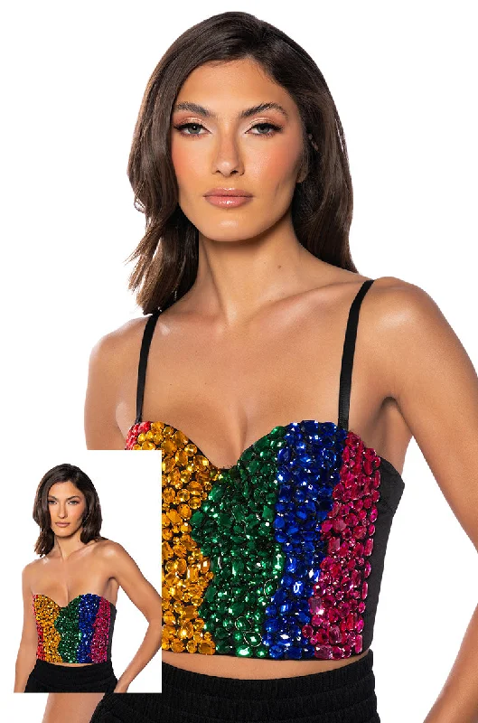 women's tops with sequin embellishmentsCOLORFUL RHINESTONE BUSTIER