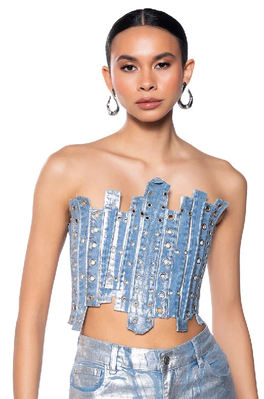 women's tops for those who seek both style and comfortIVY METALLIC DENIM PATCHWORK CORSET