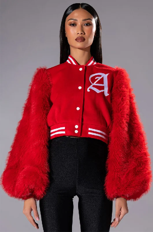 women's coats for cocktail partiesRUELA VARSITY BOMBER WITH FUR SLEEVES