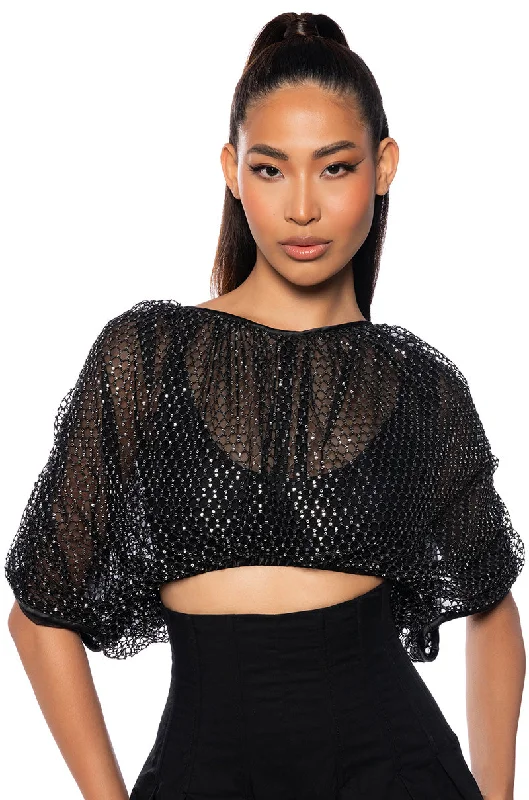 cropped women's topsBELLA SHORT SLEEVE SEQUIN BLOUSE