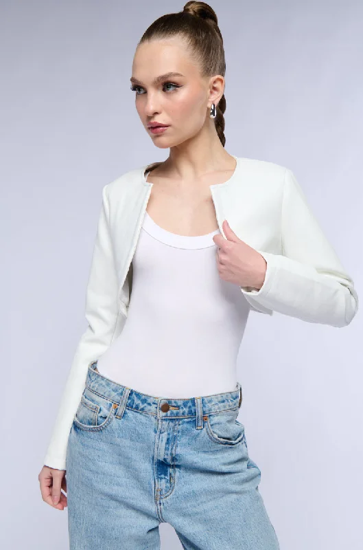 women's duffle coatsMASTER CROP ANGLE FAUX LEATHER BLAZER IN WHITE