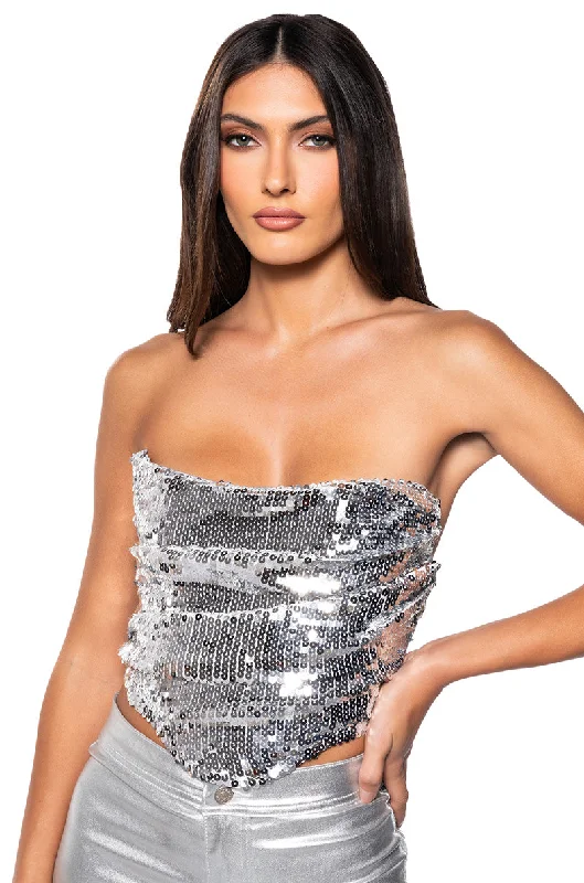 women's tops for those who love to shop for unique findsLIFE IS A STAGE SEQUIN CORSET TOP