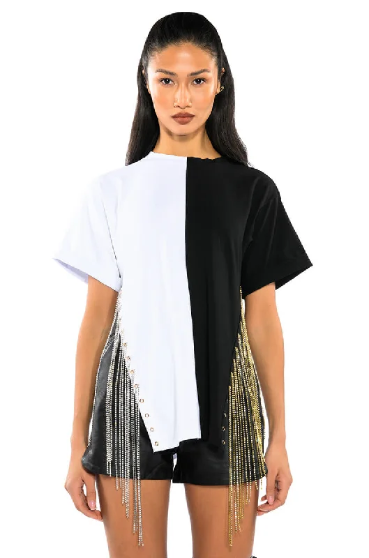 women's tops for gala dinnersABOVE AVERAGE HALF HALF CHAIN DETAIL OVERSIZED TEE