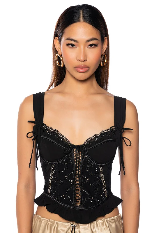 women's tops for everyday eleganceEMBER EMBROIDERED CAP SLEEVE CORSET