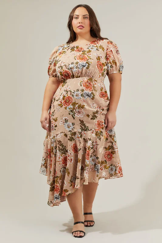 women's body-skimming dressesHarbin Floral Balboa Asymmetrical Midi Dress Curve