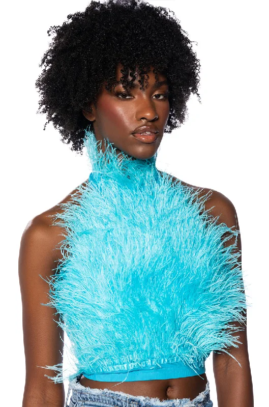 women's tops for black-tie affairsGENUINE OSTRICH FEATHER SLEEVELESS CROPPED HALTER BLOUSE IN BLUE