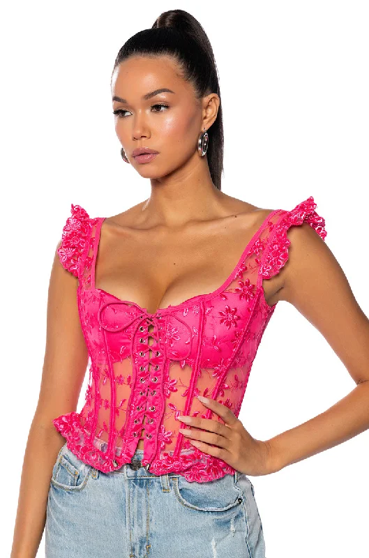 women's tops with flutter sleevesVEN AQUI LACE UP CORSET TOP