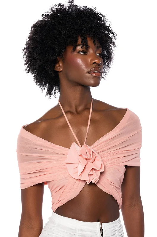 women's tops for those who want to invest in timeless piecesAIRA MESH OFF THE SHOULDER HALTER CROP TOP IN BLUSH PINK