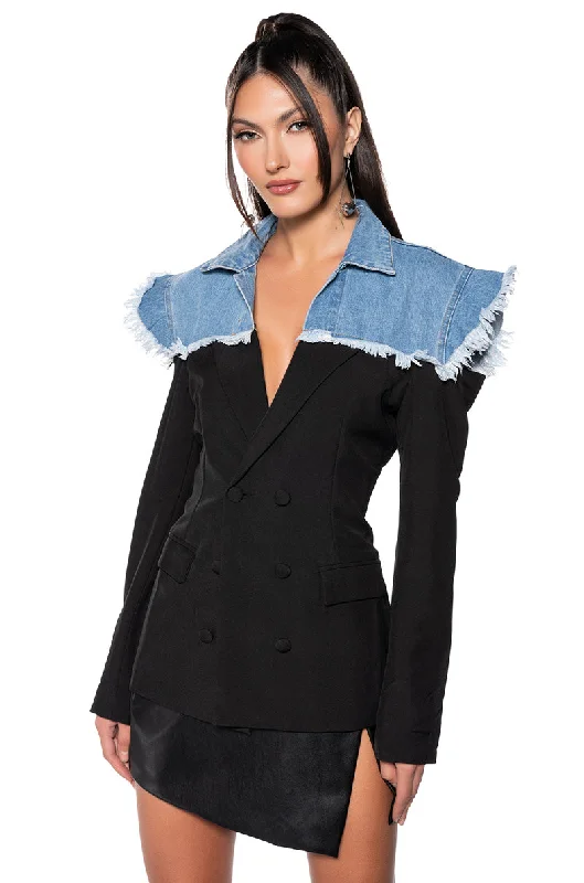 women's coats with military-inspired designsBACK TO SCHOOL DENIM BLAZER