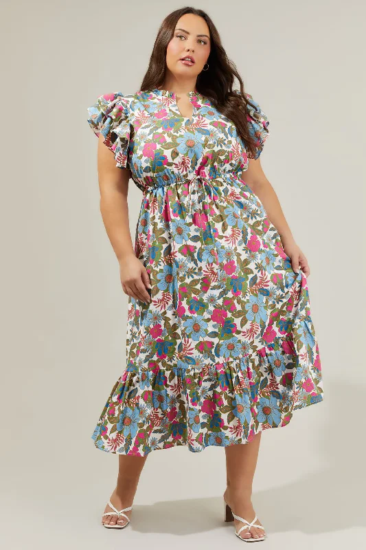 women's formal dressesAvitall Floral Dillan Midi Ruffle Dress Curve