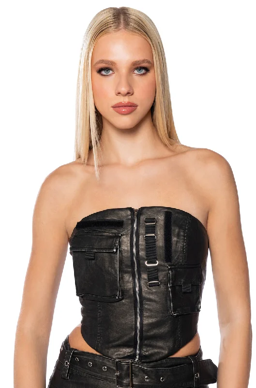 women's tops for those who want to show off their figure in a flattering wayAPPLY PRESSURE FAUX LEATHER CORSET TOP