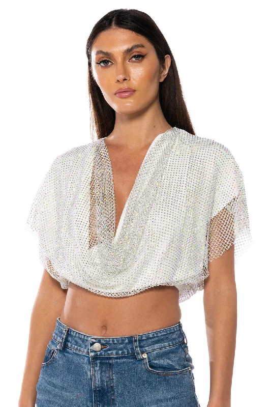 women's tops for those who want to invest in timeless piecesINDIGO DRAPED RHINESTONE MESH BLOUSE