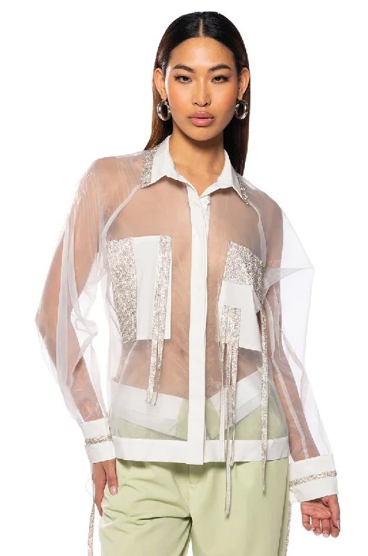 women's tops for those who appreciate subtle and muted tonesBUSINESS IN THE FRONT SHEER BLOUSE