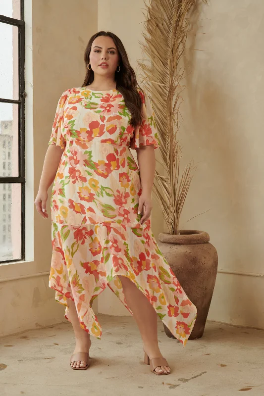 Retro DressKailua Floral Aerin Asymmetrical Flutter Midi Dress Curve