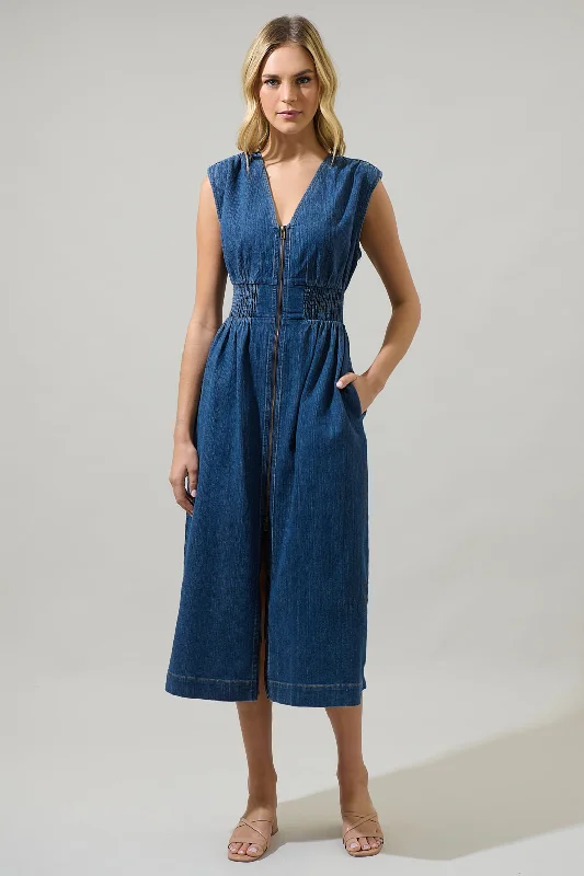 Beaded DressGabriella Denim Lula Sleeveless Smocked Midi Dress