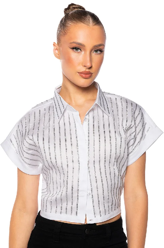 women's tops for mixing and matching with different bottomsRHINESTONE STRIPE CROPPED BUTTON DOWN