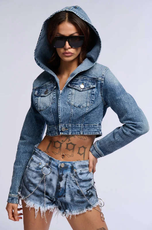 women's coats for statement-making outfitsGOOD IN THE HOOD CROPPED DENIM JACKET