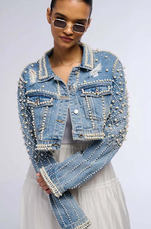 women's duffle coatsLUCKY YOU CROPPED PEARL DENIM JACKET