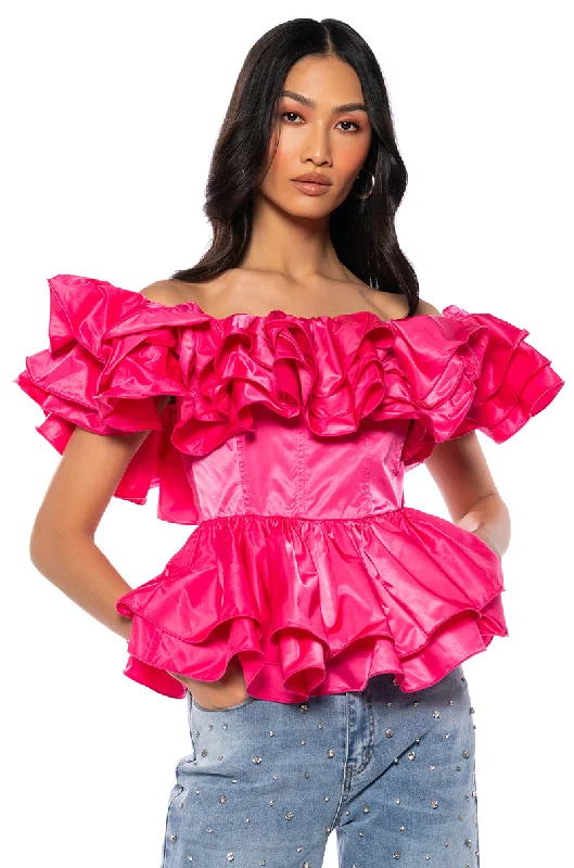 women's tops for relaxed weekendsAMARI OFF THE SHOULDER RUFFLE PEPLUM BLOUSE