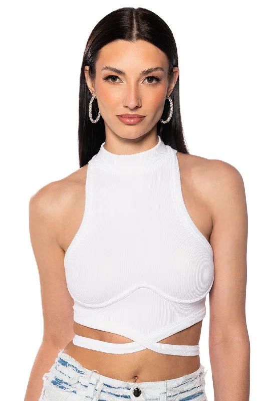 women's tops that offer a perfect blend of style, comfort, and affordabilitySLEEVELESS MOCK NECK TIE FRONT TOP