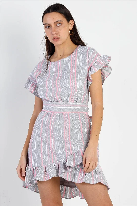 Jersey DressStriped Ruffle Sleeve Flare Hem Self Tie Mini Dress