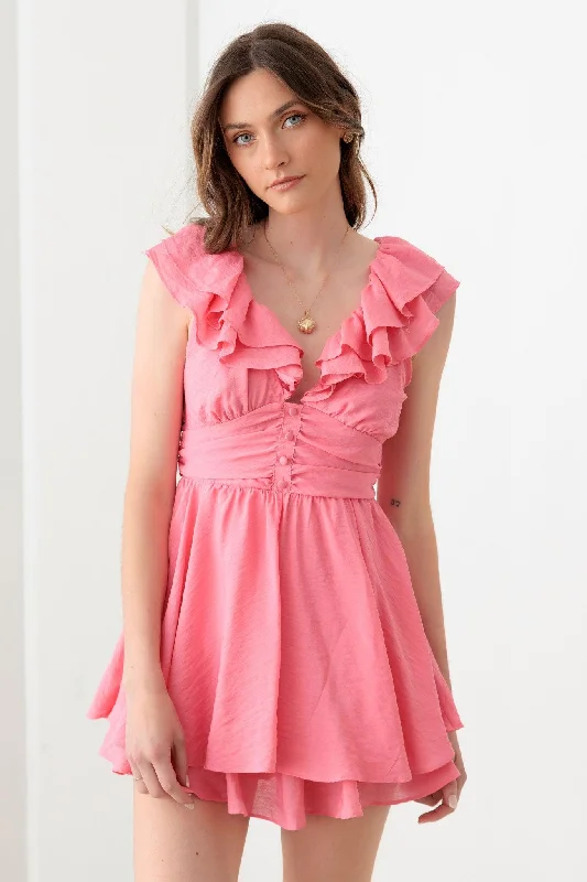 women's smart casual dressesDoll Pink Ruffle Detail Front Button Romper Mini Dress