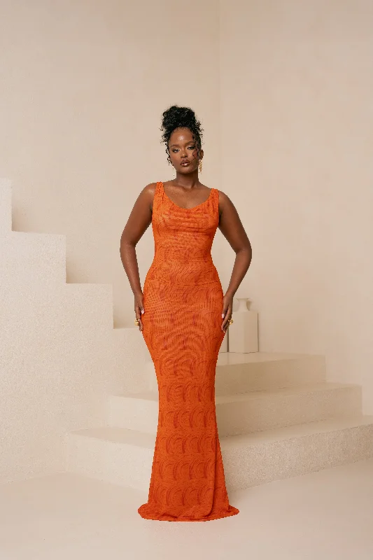 women's cold-shoulder dressesIZA ORANGE COWL MAXI DRESS