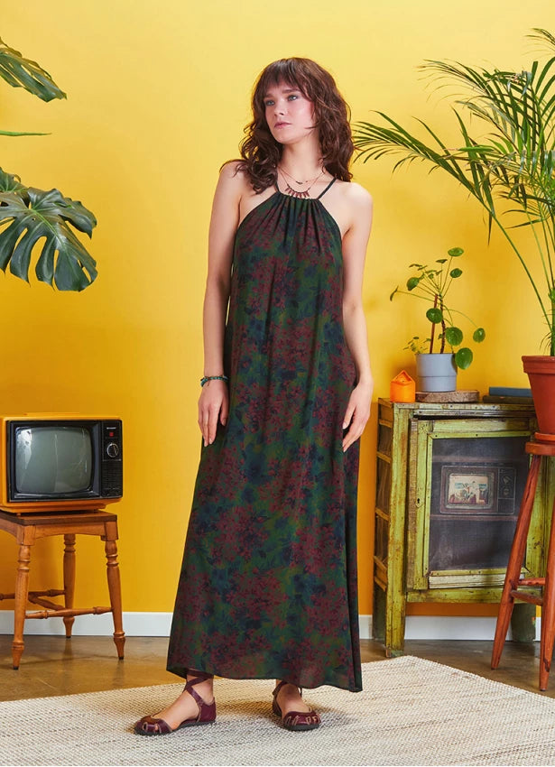 women's halter dressesBack Cut Out Halter Necline Maxi Slit Green Print Dress