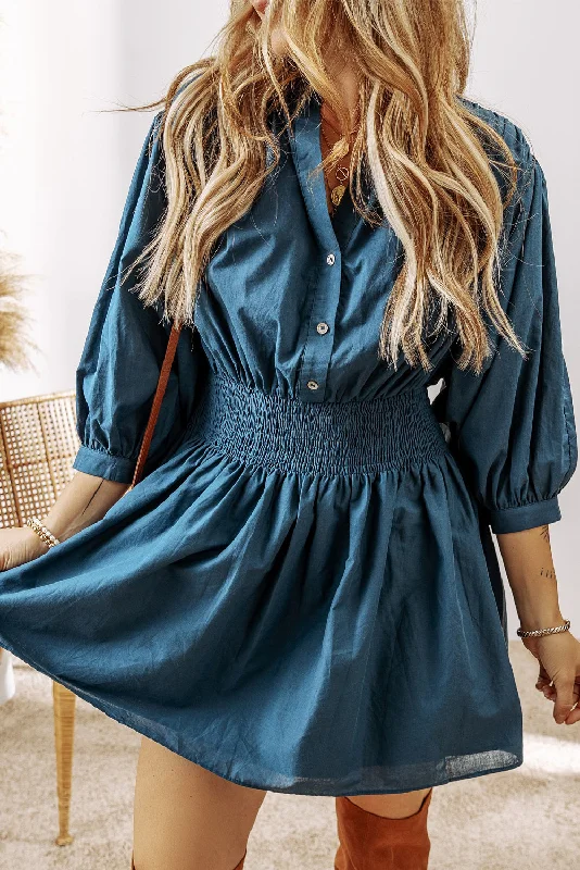 Tiered DressPrussian Blue 3/4 Sleeve Shirred High Waist Buttoned Mini Dress