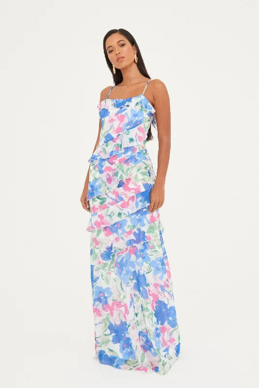 Tall Women DressCHIFFON PRINTED RUFFLE MAXI DRESS