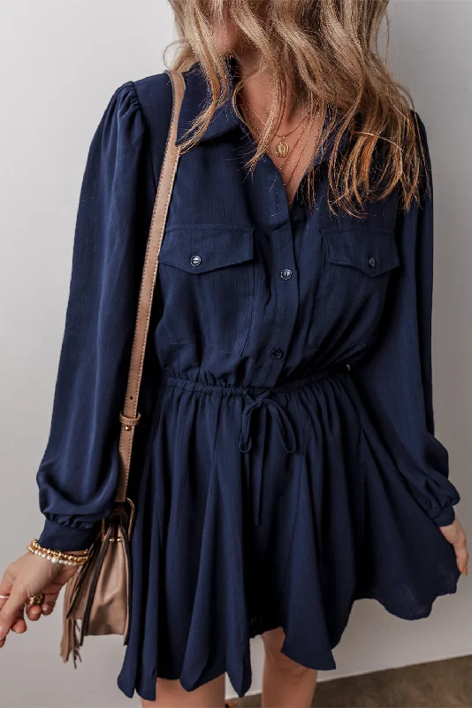 Zip-Up DressNavy Blue Solid Chest Pockets Tunic Shirt Mini Dress