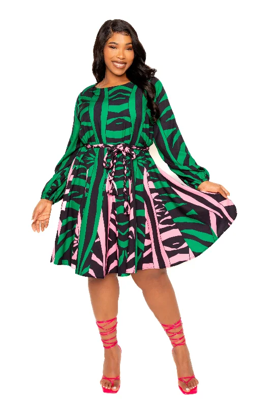 women's long-sleeved dressesContrast Print Flare Mini Dress