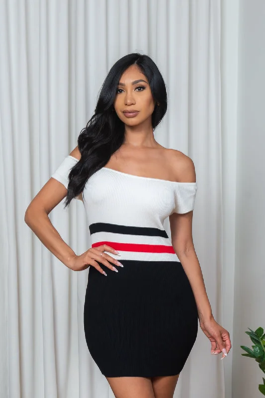 women's glam dresses'Classic Sass' Rib Knit Off Shoulder Cap Sleeve Bodycon Mini Dress in White, Black & Red (187185)