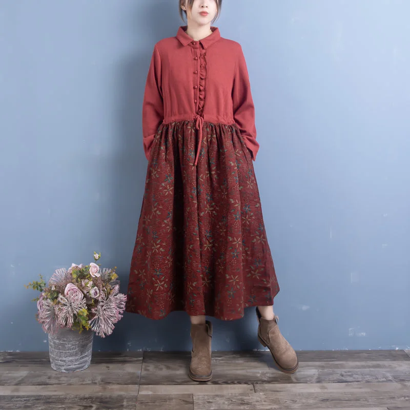 Tea-Length DressWomen Autumn Retro Cotton Linen Patchwork Floral Maxi Dress