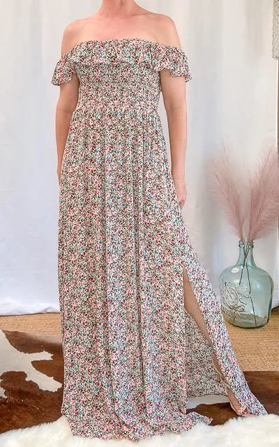 Tall Women DressJulia Smocked Floral Off-Shoulder Side Slit Maxi Dress