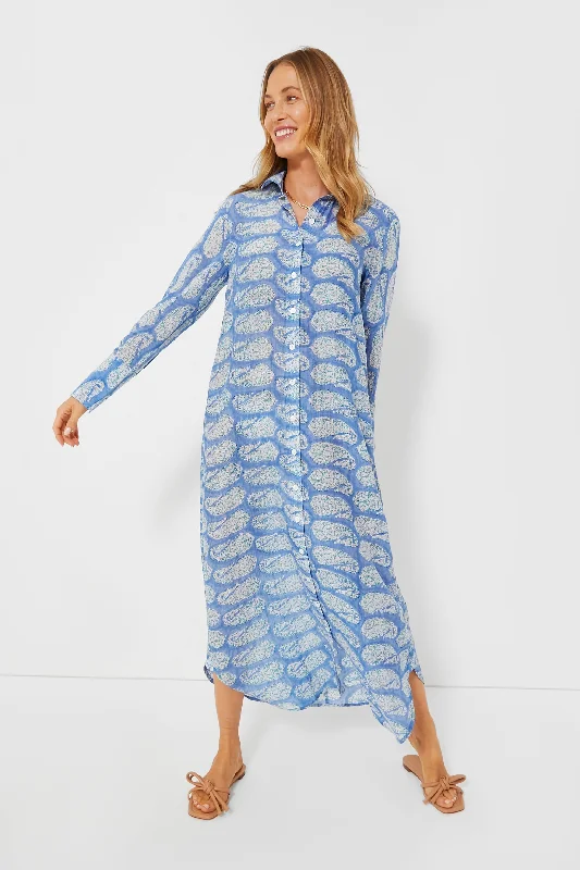 women's eco-friendly dressesBlue Turq Paisley Oversized Maxi Shirt Dress