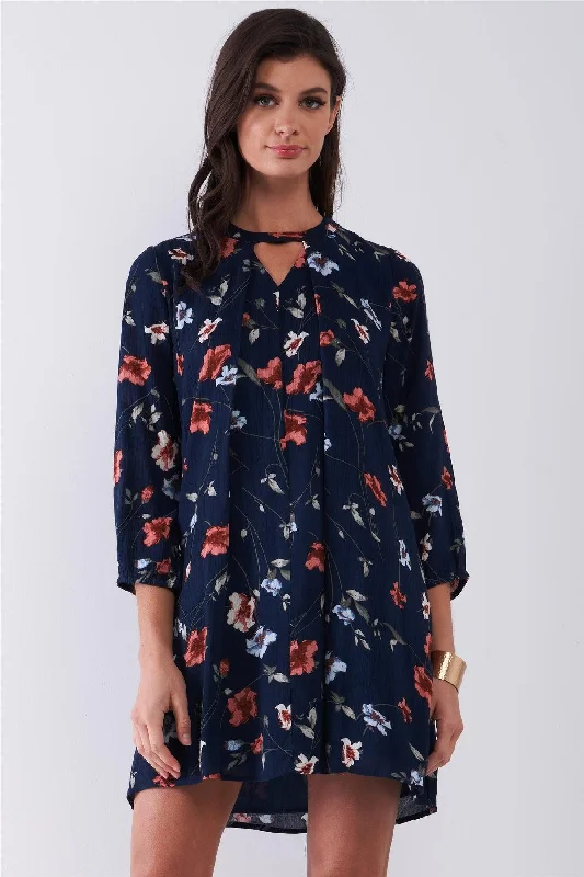 women's beach dressesNavy Multicolor Floral Print Long Sleeve Pleated Front V-Neck Loose Mini Dress