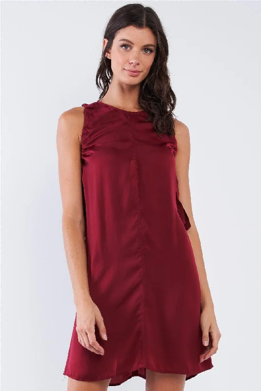 Embellished DressWine Red Satin Loose Fit Sleeveless Round Neck Mini Dress With Side Ribbon Draw String Ties Dress