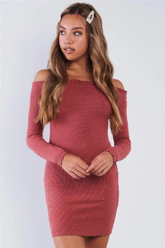 women's long-sleeved dressesRibbed Long Sleeve Mini Length Off The Shoulder Dress