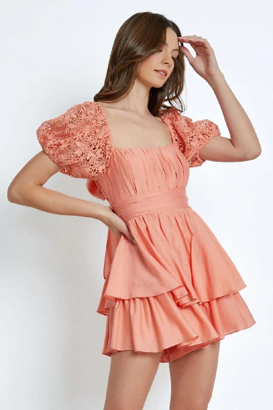 Elegant DressLace Sleeve Back Tie Ruffle Tiered Mini Romper Dress