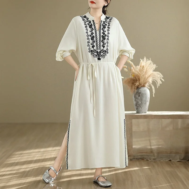 A-Line DressBabakud Women Spring Vintage Ethnic Embroidered Linen Maxi Dress