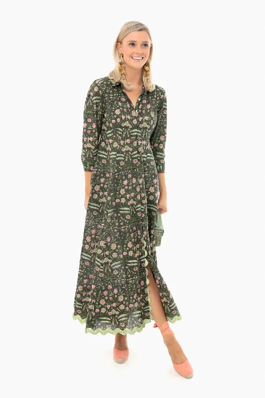 women's ruffle dressesBlack and Pistachio 3/4 Sleeve Maxi Shirt Dress