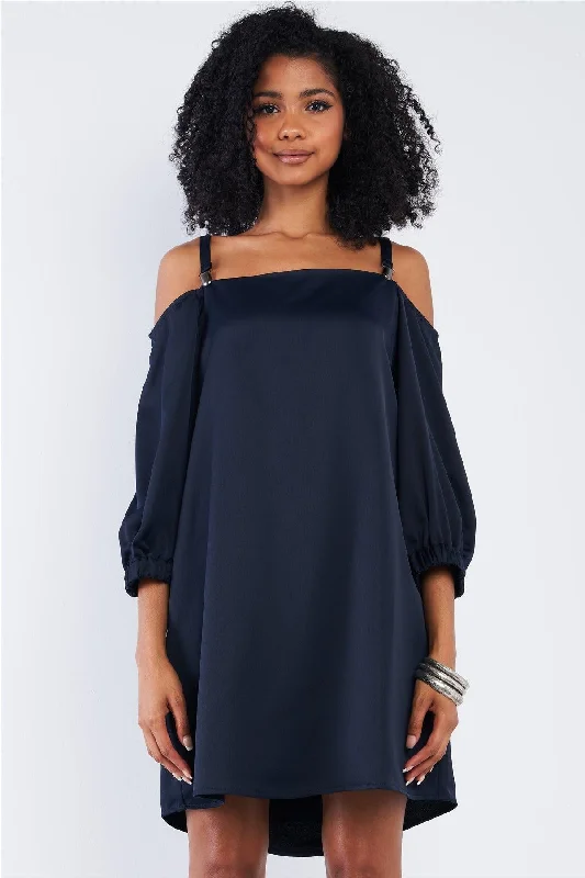 Ribbon DressSilky Navy Blue Off-The-Shoulder Balloon Midi Sleeve Relaxed Fit Mini Dress