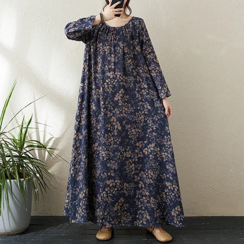 Peplum DressBabakud Women Autumn Retro Plus Size Loose Cotton Floral Maxi Dress