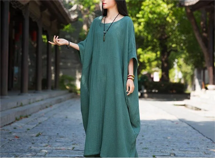 Off-The-Shoulder DressSolid Color Dolman Sleeves Cotton Linen Maxi Dresses