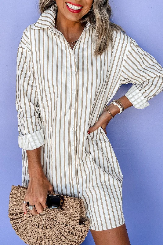 Chic DressKhaki Stripe Long Sleeve Button Up Mini Shirt Dress