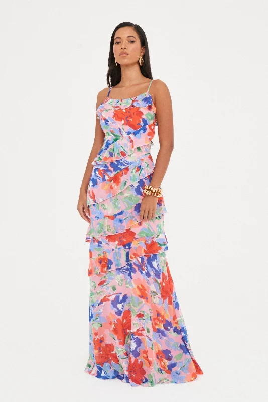 women's custom dressesCHIFFON PRINTED RUFFLE MAXI DRESS