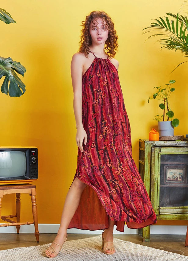 women's pear-shaped body dressesBack Cut Out Halter Necline Maxi Slit Red Print Dress