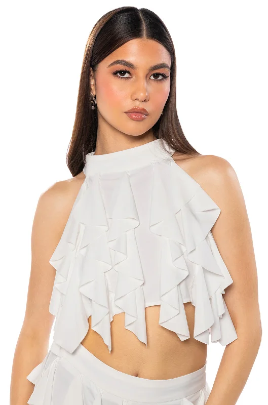 SERENITY RUFFLED HALTER NECK TOP IN WHITE